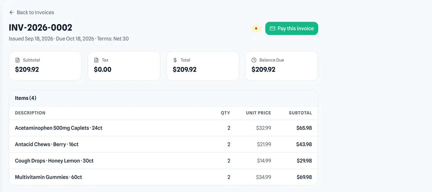 RouteFlow buyer-portal invoice detail showing itemized line items, balance due, and a Pay this invoice card-payment button.